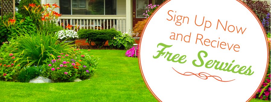 A green front lawn and flower beds outside a house, with the offer “Sign Up Now and Recieve Free Services” set into the picture